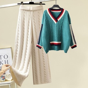 2023 Set Casual da donna <span class=keywords><strong>taglie</strong></span> forti in due pezzi nuovo maglione in maglia spessa e pantaloni larghi per l'autunno e l'inverno - Product Image 2