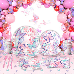 Pink Butterfly Party Supplies Spring Theme Disposable Plates Cups Napkins Cutlery Set For Children's Party Decoration - Product Image 1