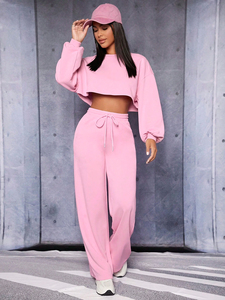 Completo da jogging da <span class=keywords><strong>donna</strong></span>: pantaloni e <span class=keywords><strong>felpa</strong></span> a maniche lunghe con taglio corto, stile streetwear - Product Image 2