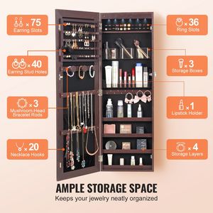 Armoire à bijoux miroir marron verrouillable de 42,52 pouces, murale ou sur porte, organisateur d'armoire - Product Image 5