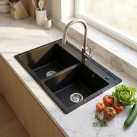 Évier de cuisine rectangulaire double cuve en granit composite noir Bolemi OEM, à poser en surélevé, deux trous, surface brossée, épaisseur 10 mm