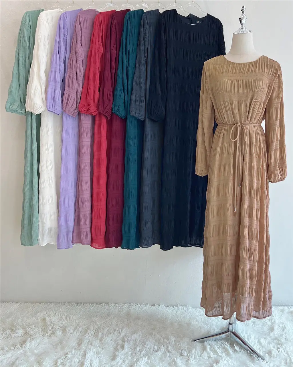 2024新しい夏のカスタムイスラム教徒中東婦人服マレーローブロングスカートシフォンプリーツレディースドレス