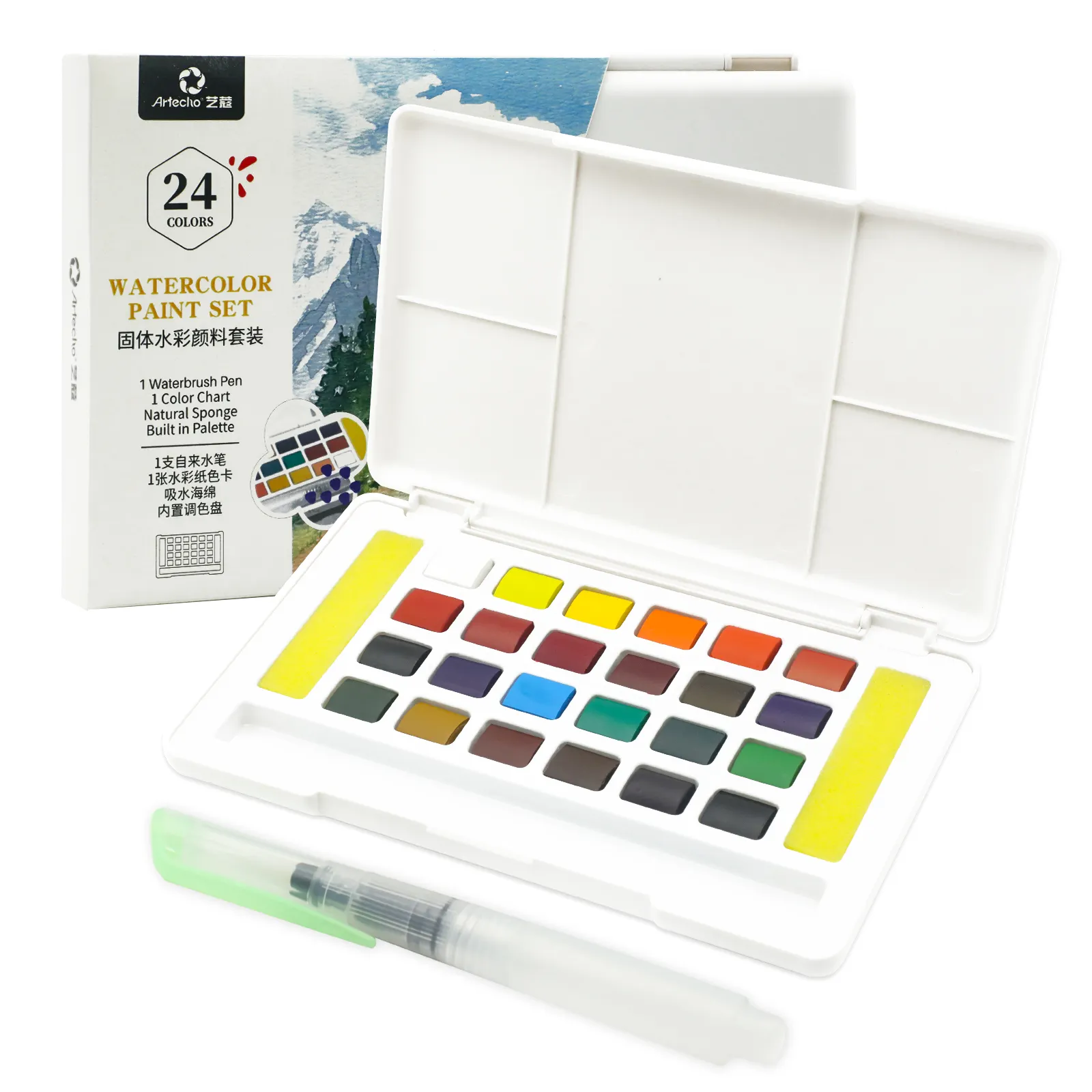 Artecho 24 Color solid watercolor art paint set with plastic box sponge watercolor brush pen