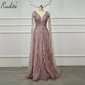 Ruolai LWC8266 Vestido de noite Ilusão de penas profundas nas costas Vestido de noite com lantejoulas e capa Longo para festas