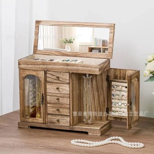 Solid Wood Jewelry <b>Box</b> Multi Layer <b>Vintage</b> Storage With Mirror And Drawers For Necklace Ring Bracelet Organization - Product Image 1