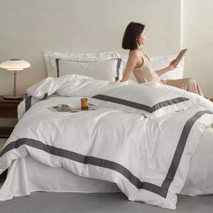 Sang Trọng 5 Sao Phòng Ngủ Bộ Đồ Giường Đặt 100% Ai Cập Cotton Linen Trắng Satin Biên Giới Vải Bìa Cho Khách Sạn Nguồn Cung Cấp - Product Image 4