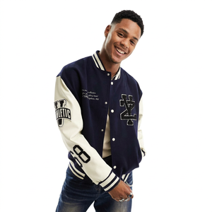 <b>Men's</b> Navy <b>White</b> Genuine Leather Varsity <b>Jacket</b> Embroidered Letter Logo Turn-down Collar Regular Fit Preppy Style Winter Wear - Product Image 1