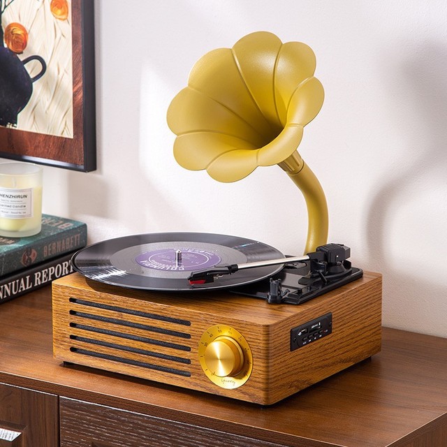 High End Wooden Base Gramophone Retro Phonograph With Alloy Speaker Bluetooth USB AUX Vinyl Record Player for Living Room Decor