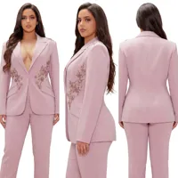 Ensemble tailleur deux pièces pour femme, blazer brodé or rose, pantalon slim, élégant, rose poudré, de qualité supérieure, sur mesure, Jinyuan