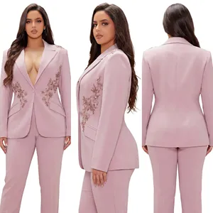 Ensemble tailleur deux pièces pour <span class=keywords><strong>femme</strong></span>, blazer brodé or rose, pantalon slim, élégant, rose poudré, de qualité supérieure, sur mesure, Jinyuan - Product Image 3