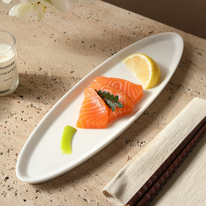 Assiette Minimaliste Blanche Allongée en Céramique pour Sushi et Sashimi, Plateau à Desserts pour Hôtels et Banquets de Mariage, Logo Personnalisé, Vente en Gros - Product Image 5
