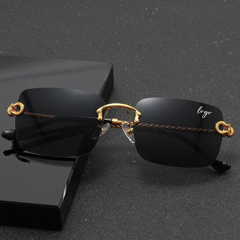 Lmamba 8036 Lunettes de soleil rétro noires carrées avec logo personnalisé pour femmes de marque de luxe Lunettes de soleil sans monture pour hommes 2024