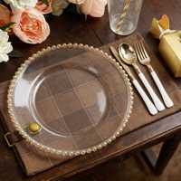 Assiette de présentation en verre transparent de 13 pouces avec bord doré perlé, style INS, pour décoration de fête, mariage et événements
