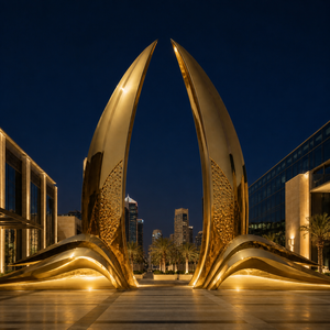 Escultura de Acero Inoxidable Dorado Moderno 3D Pulido a Medida, Estilo Emiratos Árabes Unidos, para Hoteles, Plazas, Entradas de Ciudades y Paisajes Comerciales - Product Image 1