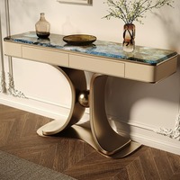 Meubles de maison, salon, table de console moderne en marbre avec tiroir, cadre en acier inoxydable doré de luxe, appartement, couloir