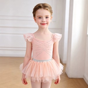 Robe tutu de ballet rose pour filles, justaucorps de danse à manches volantées, taille ornée de strass et de paillettes, tenue d'entraînement et de spectacle - Product Image 1