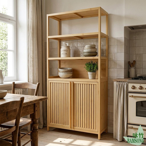 Étagère de cuisine robuste à double porte à lattes, 3 niveaux, vente en gros, écologique, armoire de rangement autoportante pour garde-manger - Product Image 1