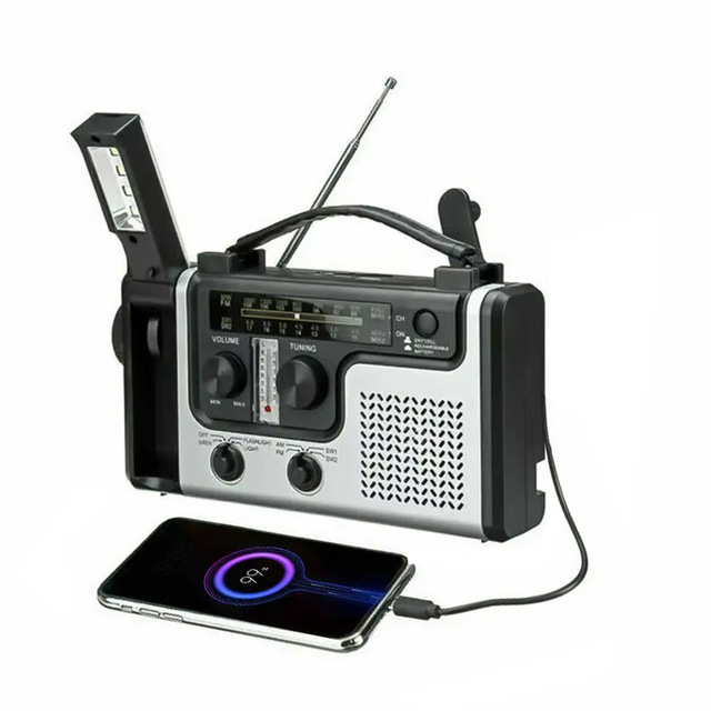 5W Solar Outdoor Emergency Light Full-Band Early Warning Radio Hand-Cranked Power Bank for Mobile Phone Charging Hand Warmer