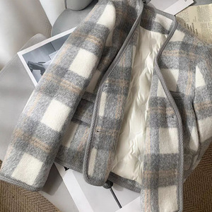 Women's Gray White Checkered Wool Coat Full Sleeve A Shape Warm Casual Outerwear Autumn Winter 2025 - Product Image 1