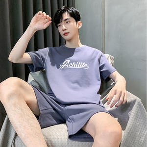 Set <span class=keywords><strong>pigiama</strong></span> in <span class=keywords><strong>cotone</strong></span> traspirante da <span class=keywords><strong>uomo</strong></span> estivo a manica corta Casual in due pezzi per indumenti da casa <span class=keywords><strong>pantaloncini</strong></span> da notte per la stagione calda - Product Image 5