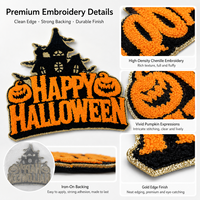 Parches Personalizados de Halloween Bordados con Lentejuelas de Castillo Espeluznante, Letras Felices, Tema Naranja, Apliques Termoadhesivos para Chaquetas y Bolsos