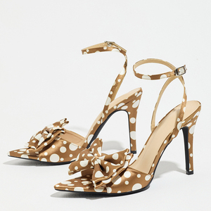 Sandales blanches vintage à pois à talons hauts, avec <span class=keywords><strong>grand</strong></span> nœud, bout pointu ouvert, bride cheville, escarpins à talon aiguille, chaussures de soirée - Product Image 2