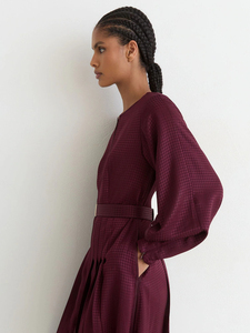 Elegante Vestido Midi a Cuadros con Cinturón y Cuello con Abertura, Manga Larga, Corte en A, para Oficina, Tejido de Viscosa y Poliéster, Estilo Otoñal - Product Image 2