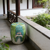 Tabouret de jardin en céramique peint à la main, motif Bok Choy, en porcelaine chinoise Famille Rose, siège de jardin vintage vert en céramique