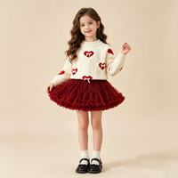 Ensemble Pull et Jupe en Maille pour Filles, Nouvelle Collection Automne, Pull à Manches Longues Imprimé Cœur avec Petit Nœud et Jupe en Tulle