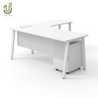 Bureau de direction moderne, durable, écologique et électrique IULTRA, réglable en hauteur, en forme de L, avec rangement, finition blanche brillante