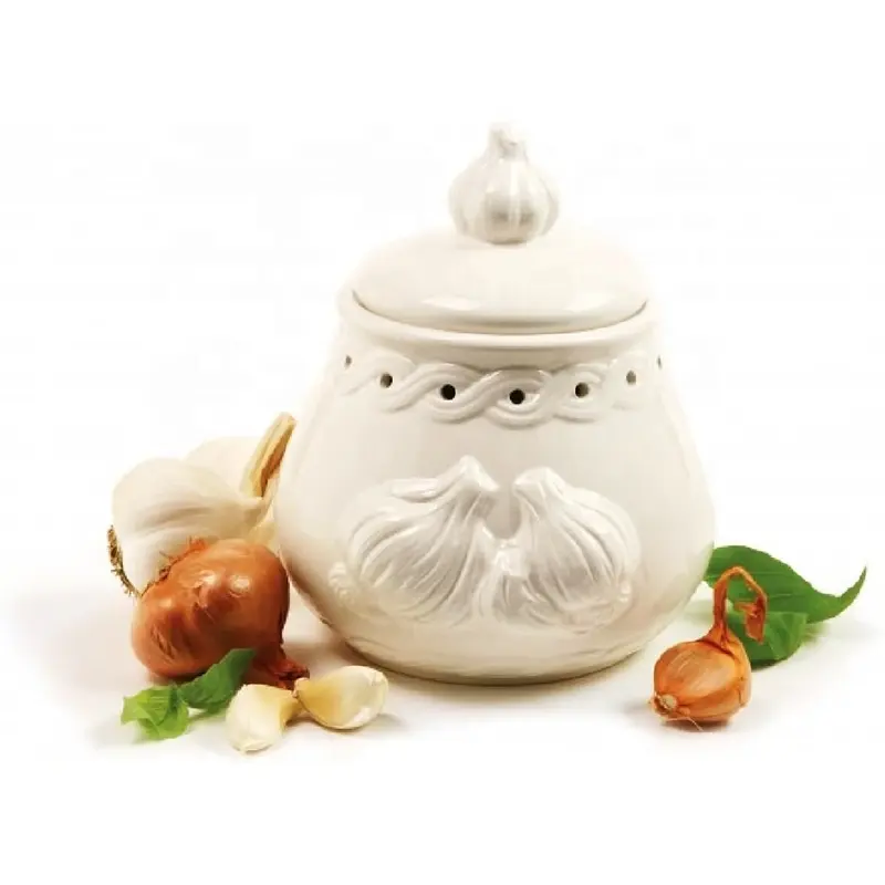 Custom Kitchen Organizer Decoration Handmade Garlic Storage jar Luxury white ceramic Garlic Keeper