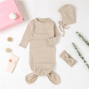 <strong>Newborn</strong> Baby Gift Set Ribbed Sleeping Knotted <strong>Dressing</strong> <strong>Gown</strong> Headband Hat Set - Product Image 1