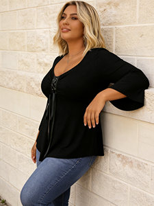 Blusa de Talla Grande para Mujer, Negra, Cuello en V, Casual, con Encaje, Manga Acampanada, Botones, Fruncido Frontal y Lazo, Primavera/Verano/Otoño - Product Image 5
