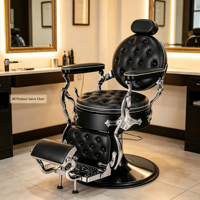 Fauteuil de barbier vintage, hydraulique, inclinable, avec repose-pieds réglable, style classique rétro.