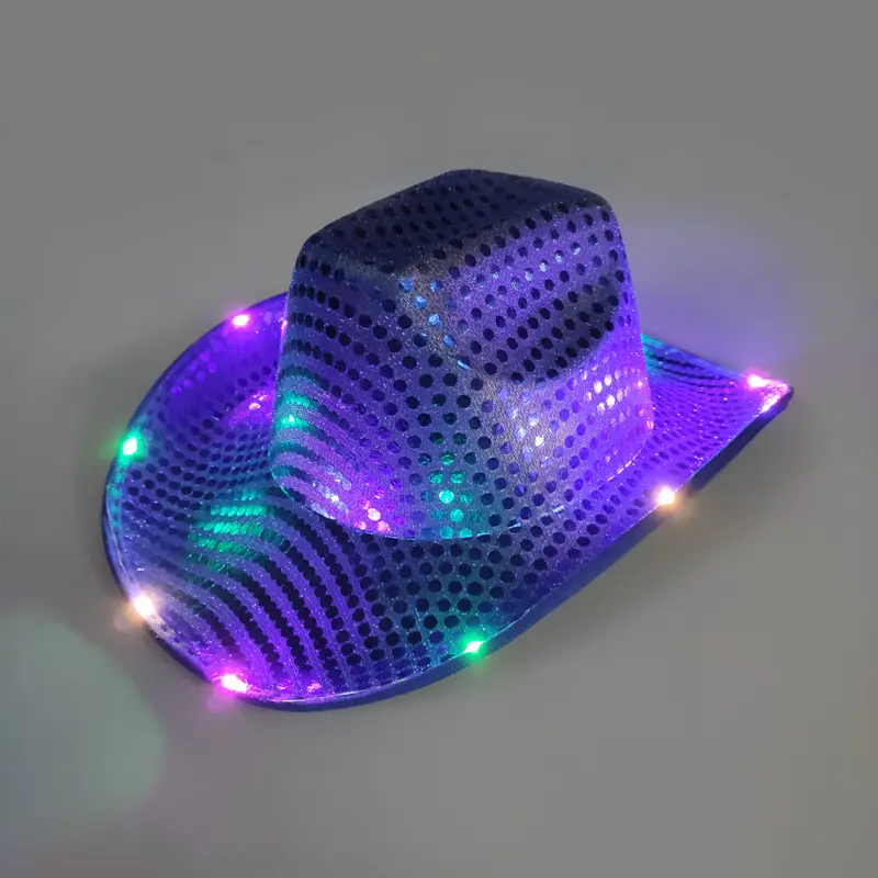 Commercio all'ingrosso della fabbrica LED Light Up paillettes cappello da Cowboy iridescente Space Cowgirl per Mardi Gras bomboniere Costume Cosplay Rapper