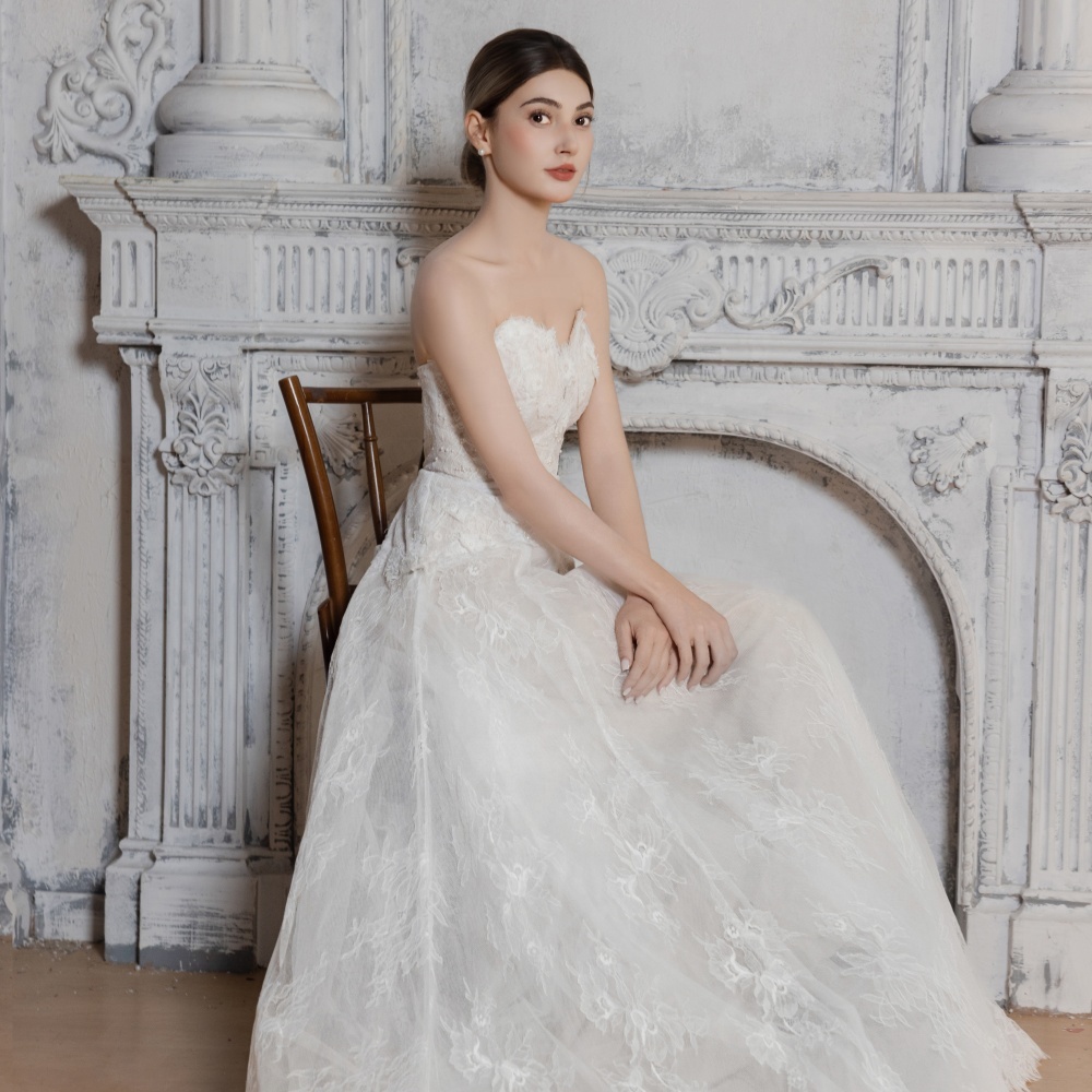 tea length off shoulder lace wedding dress