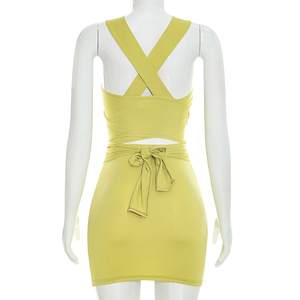 Viviblook J26ST287 New Women Outfit <b>Sexy</b> Sleeveless Solid Color Halter Hollowed Tank Top Tight Mini Skirt Two Piece <b>Set</b> - Product Image 2