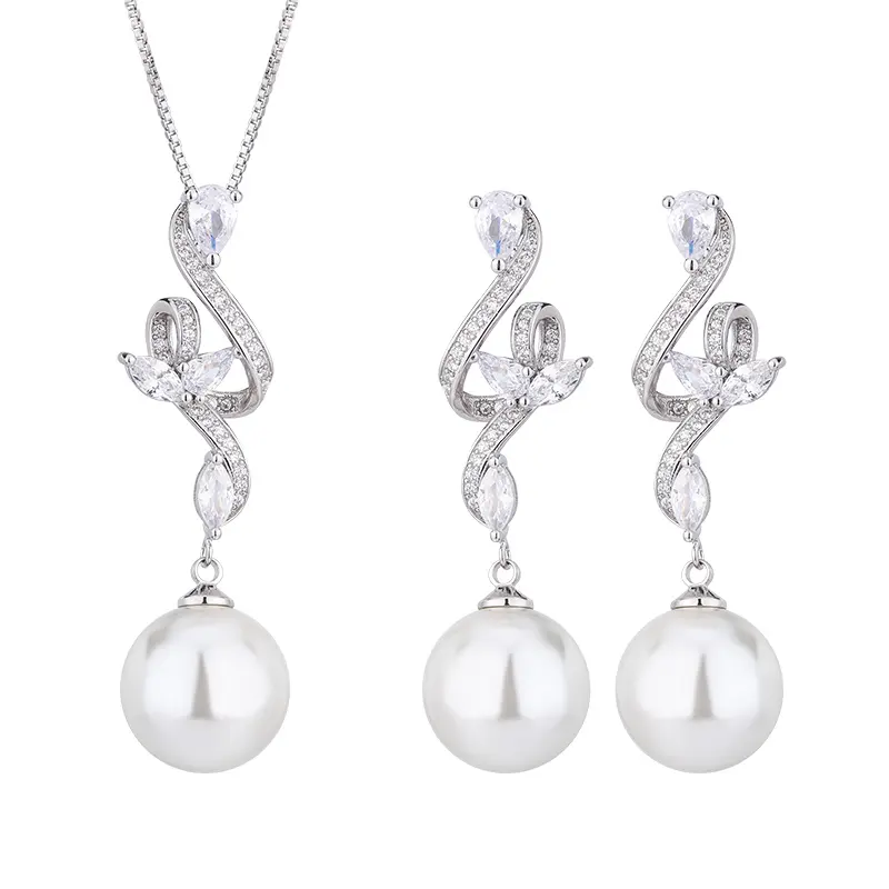 Alta Qualidade Elegante Projeto Torcido Pavimentada Zircão Pingente Colar Black White Pearl Longo Dangle Brincos Para As Mulheres Conjunto de jóias