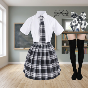 Conjunto de uniforme escolar japonés para mujer adulta, falda plisada de tartán, camisa blanca, corbata, lazo, gafas, calcetines hasta la rodilla - Product Image 1