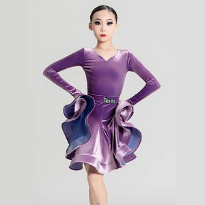 Robe de concours de danse latine en velours brillant pour filles, manches longues, <span class=keywords><strong>col</strong></span> en V, costume de danse de salon extensible pour Tango, Salsa, Rumba, Samba - Product Image 1