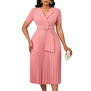 D593 Vente en gros Robe blazer de bureau pour femme européenne et américaine à manches courtes et col en V avec ceinture Robe de carrière élégante grande taille pour femme - Product Image 5