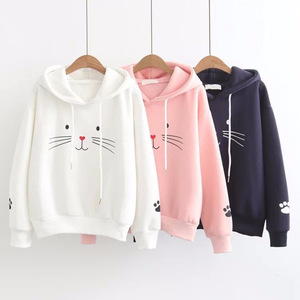 Korean Style Cat Print Hooded <b>Sweatshirt</b> Women <b>Long</b> Sleeve Thickened Cartoon Design Autumn Wear - Product Image 1