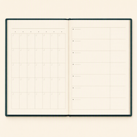 Agenda personnalisé LABON A5 non daté, couverture rigide en cuir PU vert forêt, dorure à chaud, bords dorés, grille mensuelle, mise en page hebdomadaire