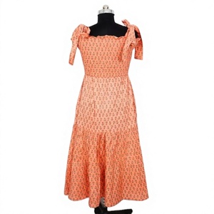 Soft Breathable 100% Cotton Floral Hand Block Print Evening Midi <b>Dress</b> Nonwoven Digital Printing Square Collar <b>String</b> Sweet - Product Image 1