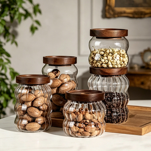 Venta al por Mayor de Frascos de Vidrio para Almacenamiento de Alimentos de 340 ml, 550 ml y 700 ml con Tapa de Madera de Acacia Oscura para Té, Granos de Café, Dulces - Product Image 1
