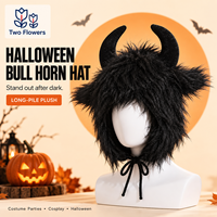 Chapeau de démon en forme de cornes de taureau pour Halloween, en peluche noire et fourrure, avec attaches pour le menton, pour accessoires de costume de cosplay et de fête