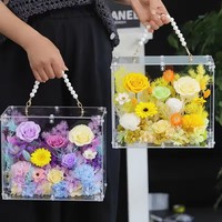Acryl-Handtasche mit konservierten Blumen, handgefertigter Perlengriff, ewige Rose, quadratische Box, langlebig für 3-5 Jahre, Muttertagsgeschenk, für Zuhause
