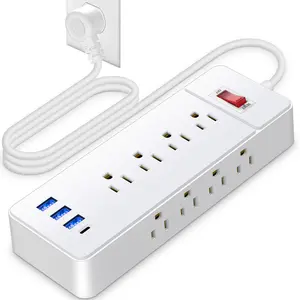 Die neue 12-Steckdosen-Überspannungsschutz-Steckdosenleiste mit flachem Stecker 3USB 1Typ C für USA, Kanada, Mexiko, Reisen, Hotel