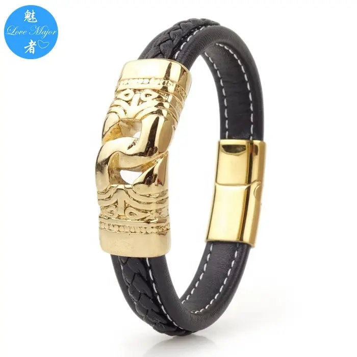 gold plated Genuine Leather Bracelet Stainless Steel Wristband for Men Boys Charm Cuff Bangle Personality Bracelets