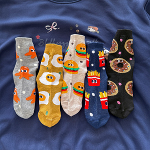 Crew <b>Socks</b> Women Cartoon Snack Pattern Mid Calf Breathable Sweat Absorbing Regular Casual <b>Socks</b> With Fried Egg Burger Fries - Product Image 2